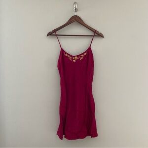 VINTAGE VICTORIA'S SECRET 100% Silk Red Chemise Slip Dress with Gold Florals